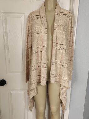 Soprano Beige Open-Front Crochet Waterfall Cardigan
